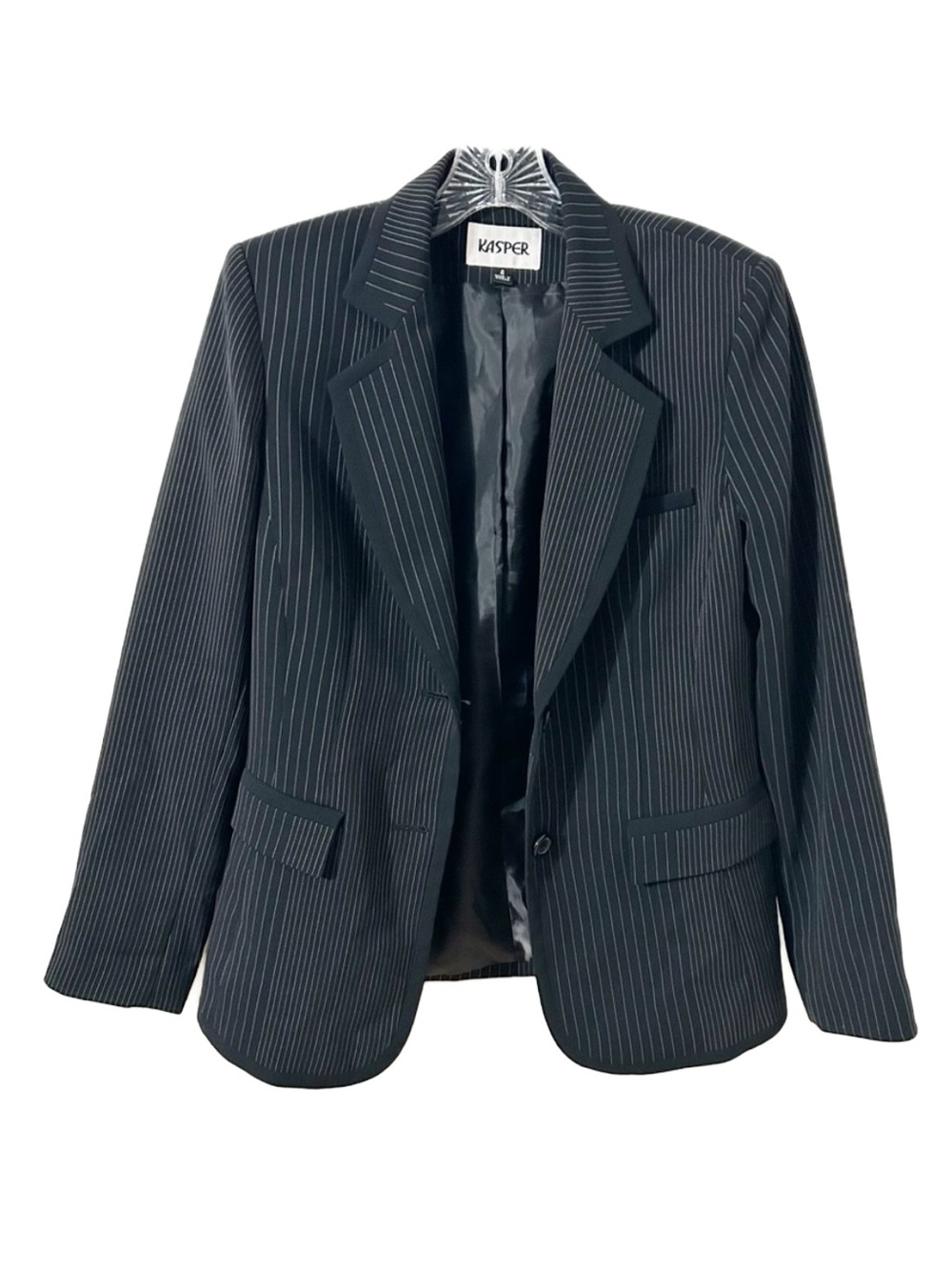 Kasper Fully Lined Button Front Varying Pinstripe Blazer Trimmed Black Old Money